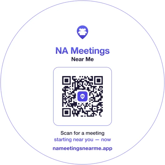 Round NA Meetings Near Me sticker with the app name and a QR code