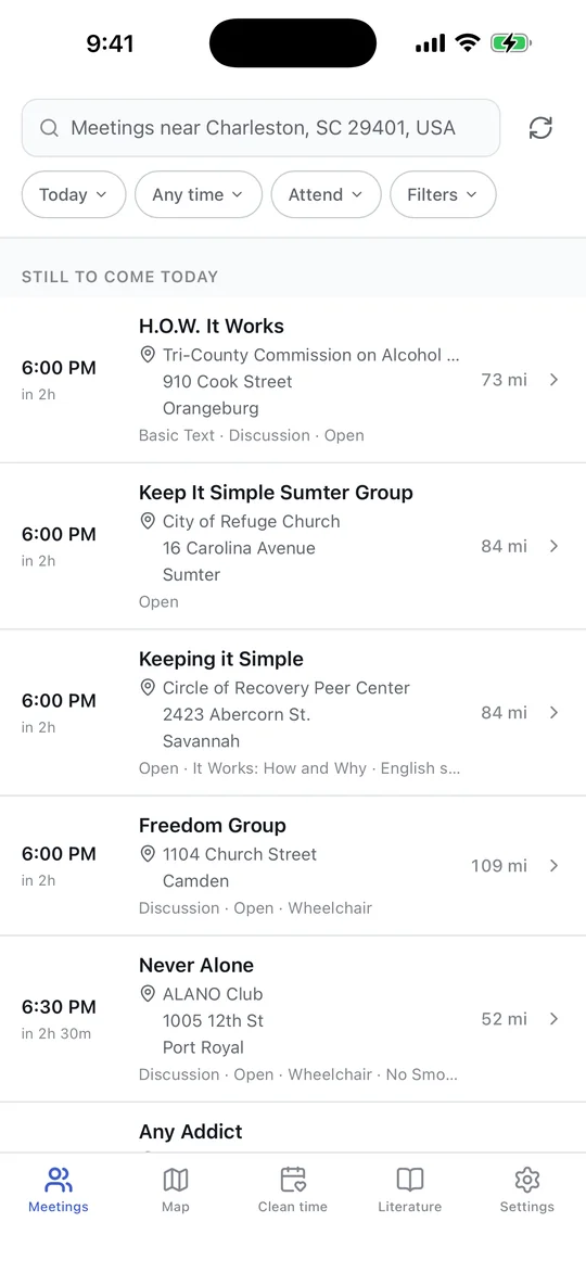 The meetings list, showing what is starting soonest nearby with a countdown and the distance to each one.