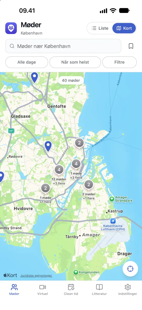 Et kort over møder i nærheden, hvert med en markør på sit mødested.