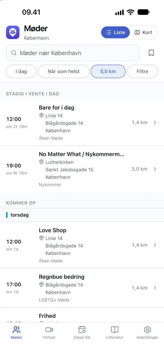 Mødelisten, der viser, hvad der starter snarest i nærheden med en nedtælling og afstanden til hvert enkelt.