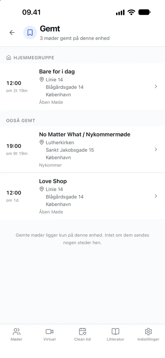 Møder gemt på en skærm, med ét markeret som hjemmegruppe øverst.