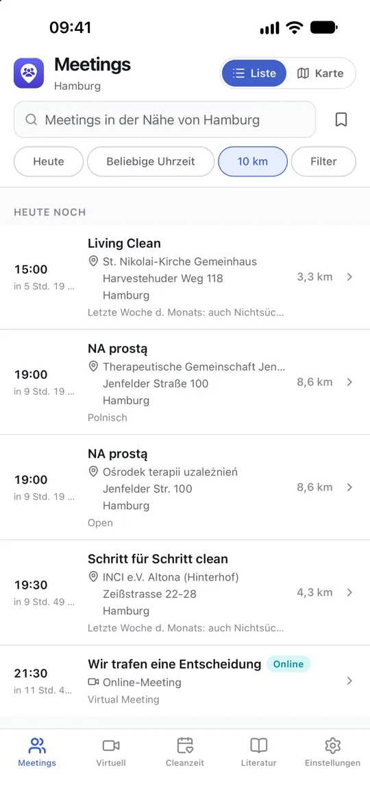 Die Meetingliste, die zeigt, was als Nächstes in der Nähe beginnt, mit einem Countdown und der Entfernung zu jedem einzelnen.