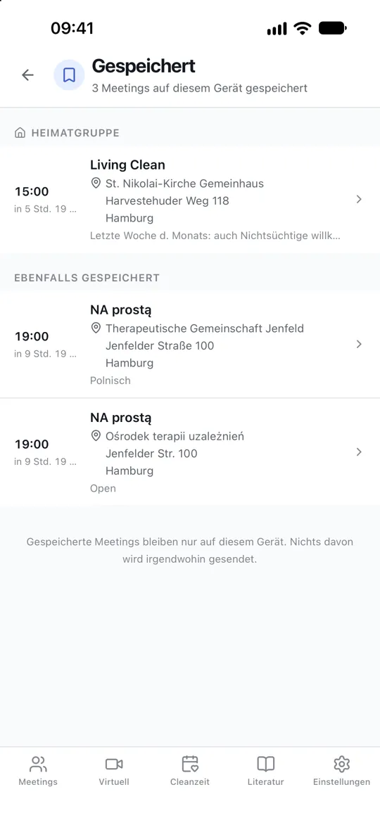 Meetings, die auf einem Bildschirm gespeichert sind, mit einem ganz oben als Stammgruppe markiert.