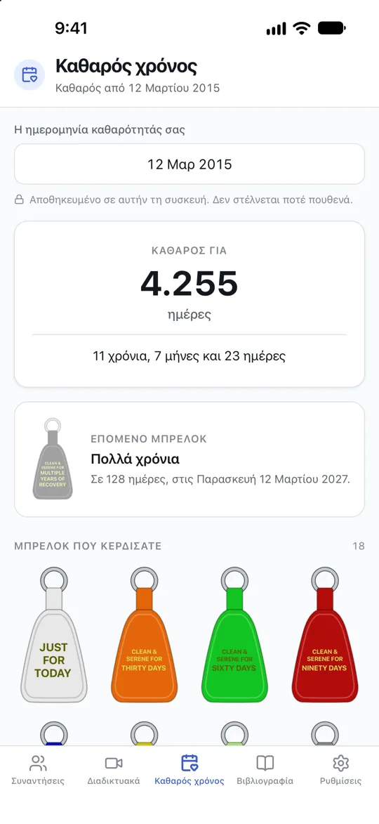 Μια καταμέτρηση καθαρού χρόνου σε ημέρες και χρόνια, με τα μπρελόκ που έχεις κερδίσει μέχρι τώρα και το επόμενο που έρχεται.
