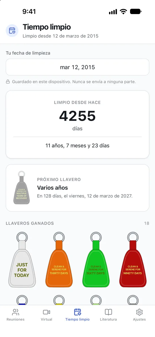 Un recuento de tiempo limpio en días y años, con los llaveros conseguidos hasta ahora y el próximo que toca.