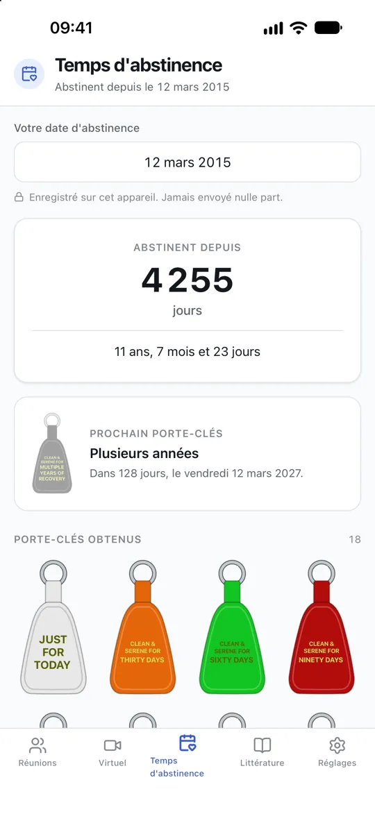 Un décompte du temps d'abstinence en jours et en années, avec les porte-clés obtenus jusqu'ici et le prochain à venir.