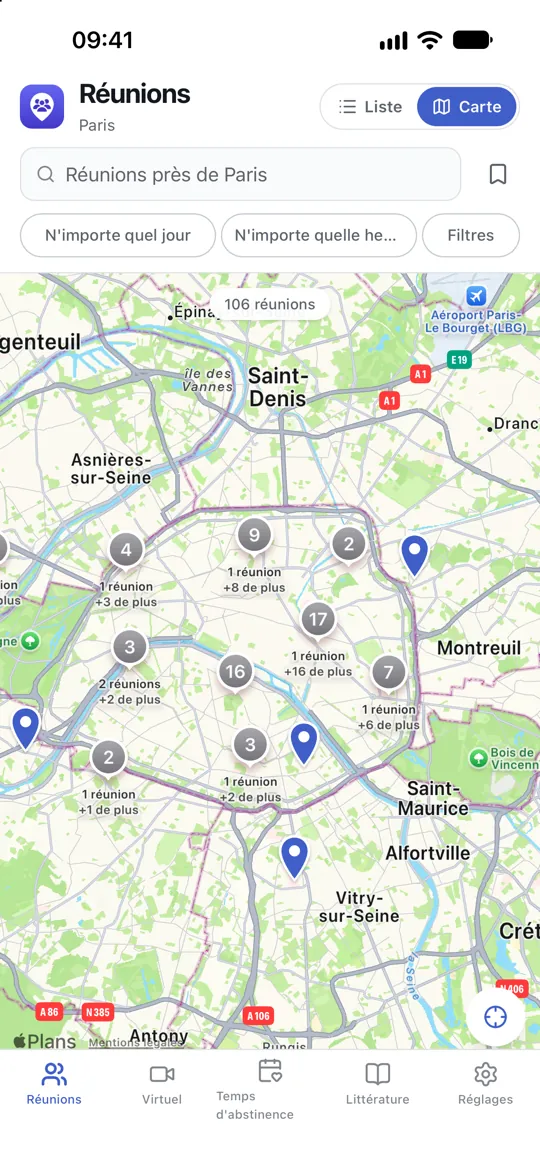 Une carte des réunions à proximité, chacune avec un repère à son lieu.