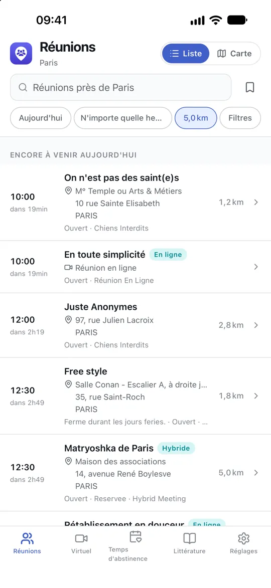 La liste des réunions, montrant ce qui commence le plus tôt à proximité avec un compte à rebours et la distance jusqu'à chacune.