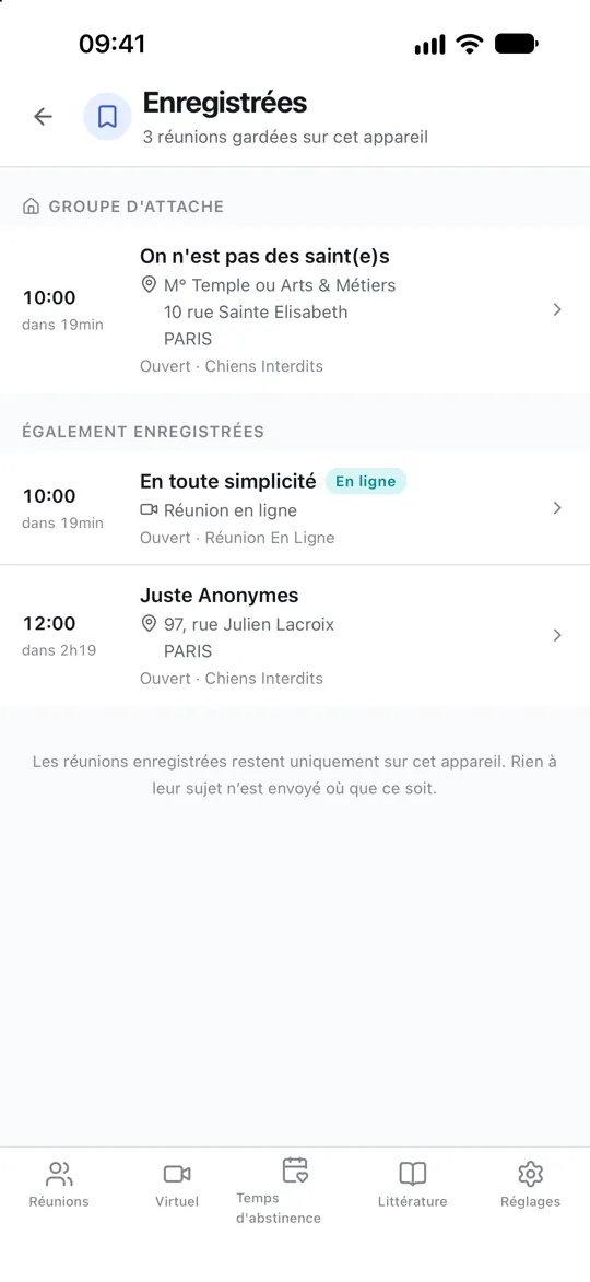 Des réunions gardées sur un écran d'enregistrées, avec l'une marquée comme groupe d'attache en haut.