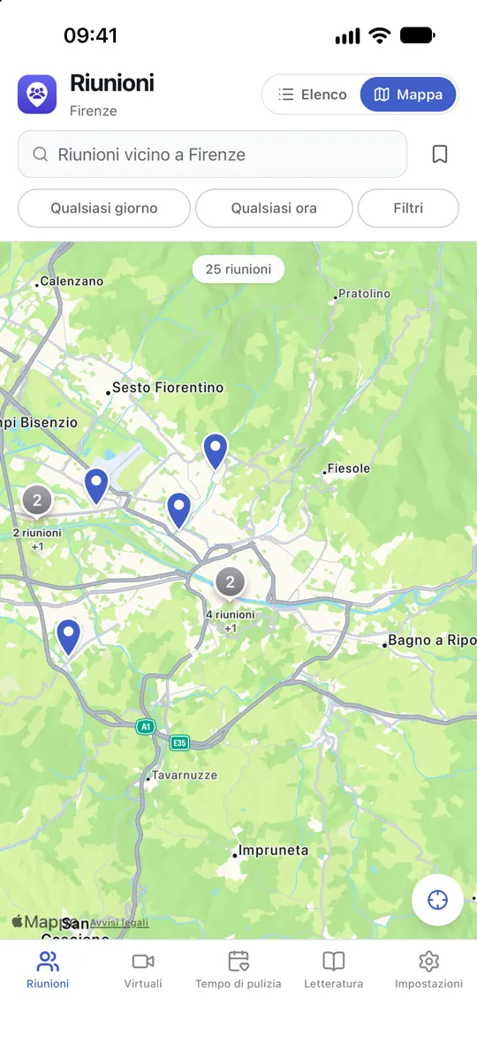 Una mappa delle riunioni vicine, ciascuna con un segnaposto sulla sua sede.