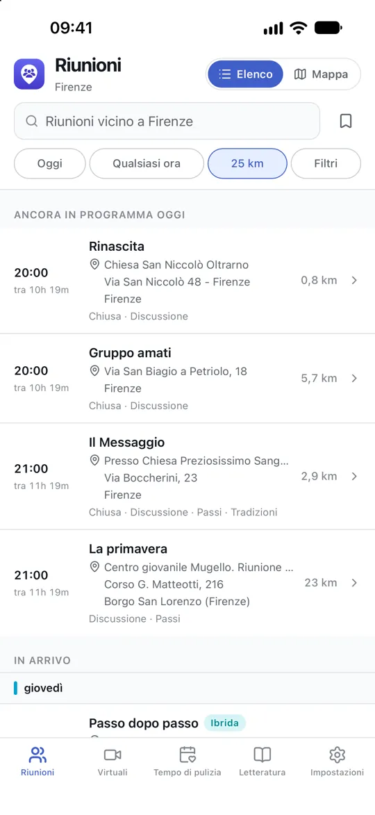 L'elenco delle riunioni, che mostra ciò che inizia prima nelle vicinanze con un conto alla rovescia e la distanza di ciascuna.