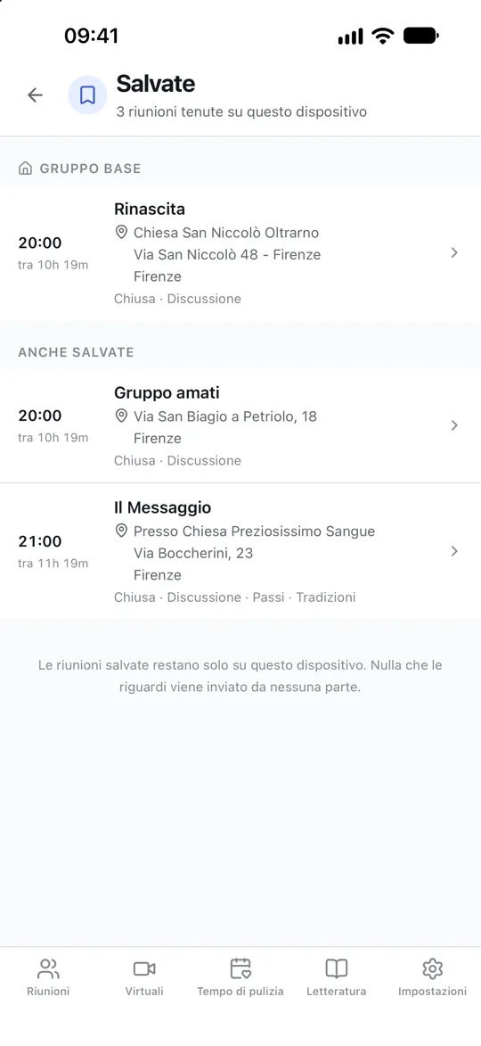 Riunioni tenute in una schermata dei preferiti, con una contrassegnata come gruppo abituale in cima.