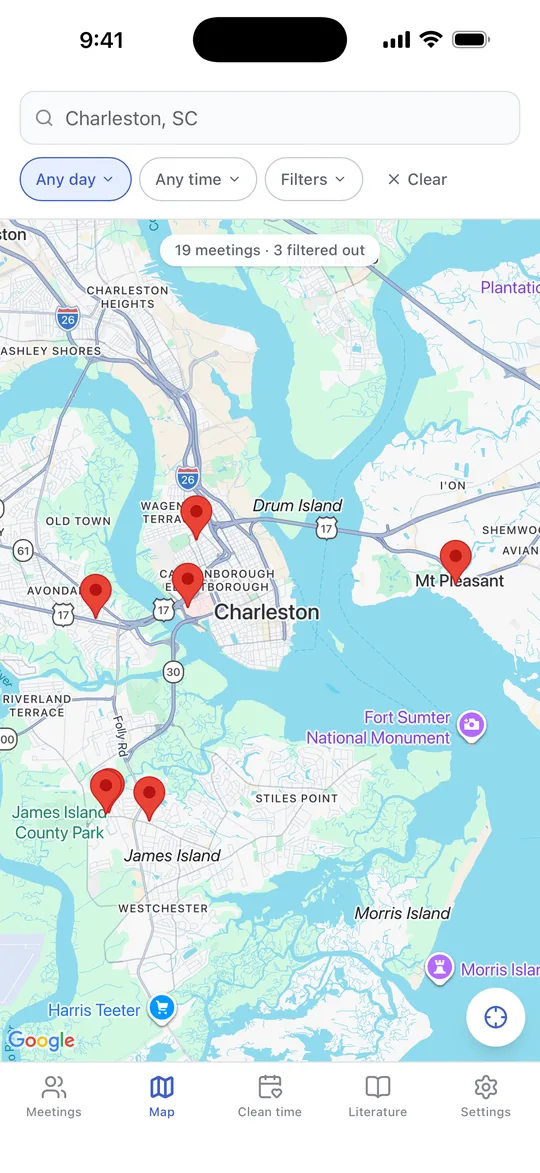 A map of nearby meetings, each with a pin at its venue.