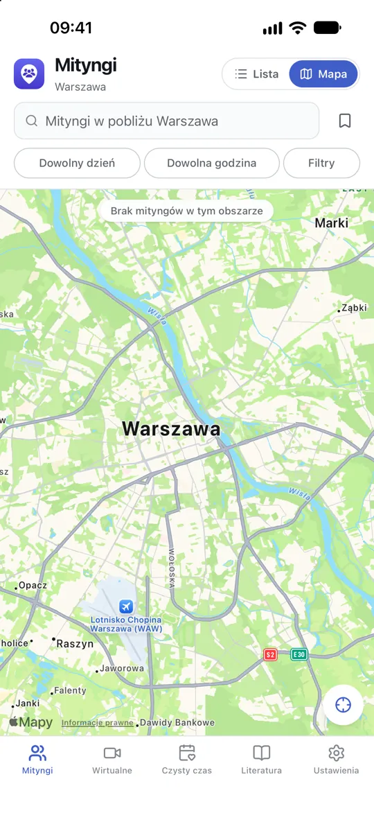 Mapa mityngów w pobliżu, każdy ze znacznikiem w swoim miejscu.