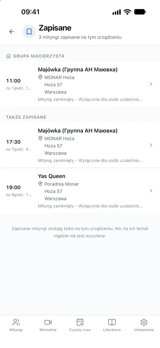 Mityngi zachowane na ekranie zapisanych, z jednym oznaczonym jako grupa macierzysta na górze.