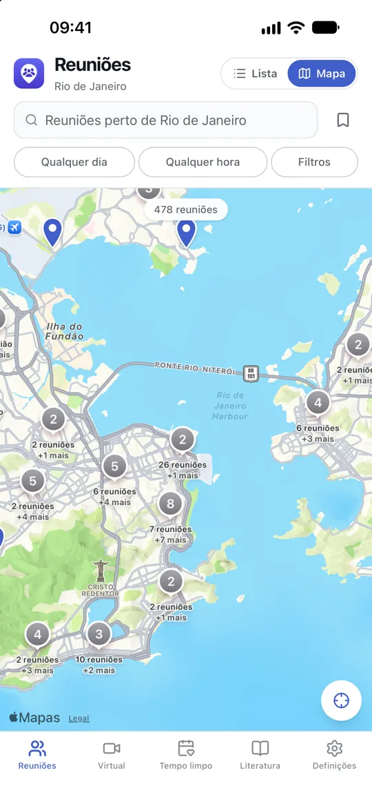 Um mapa de reuniões próximas, cada uma com um marcador no seu local.