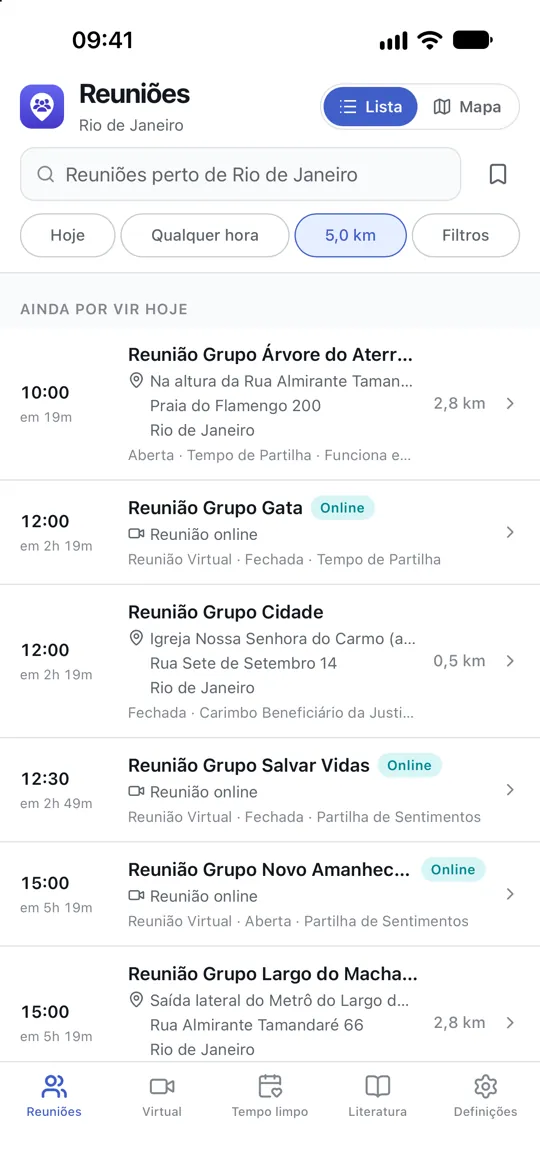 A lista de reuniões, que mostra o que começa mais cedo perto com uma contagem decrescente e a distância a cada uma.