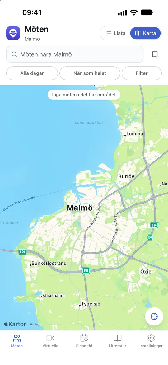 En karta över möten i närheten, var och en med en nål vid sin lokal.