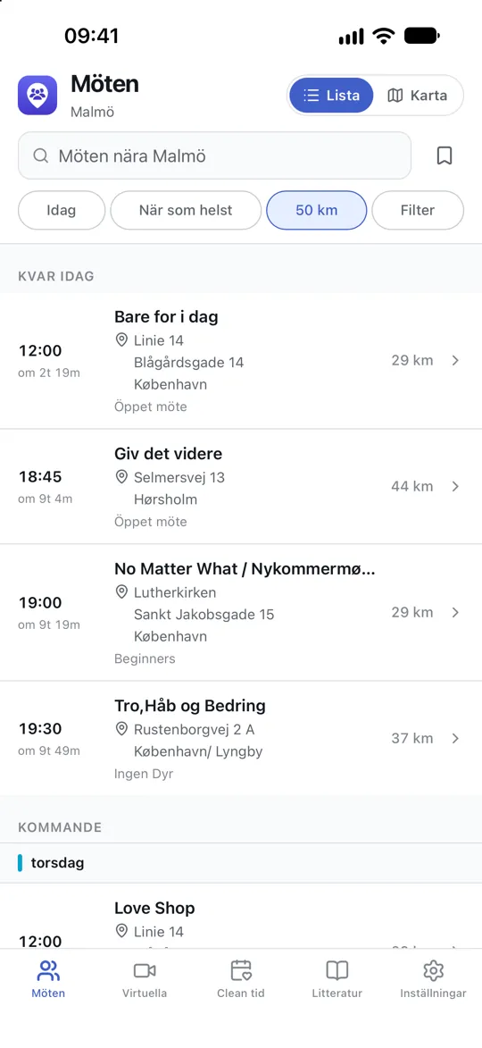 Möteslistan, som visar vad som börjar snarast i närheten med en nedräkning och avståndet till varje möte.