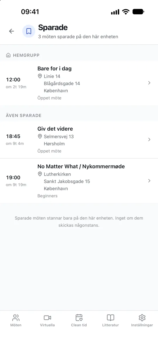 Möten som behållits på en sparad skärm, med ett markerat som hemgrupp överst.